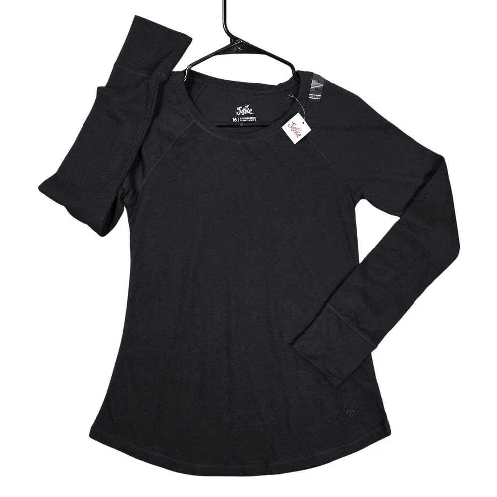 Justice Long Sleeve Top Girls 16 Black‎ NEW Raglan Crew Neck Heart Logo